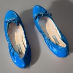 Prada  37 Ballet Flats Blue Leather Lined Foldable Slip On Travel Gold Name Logos Photo 1