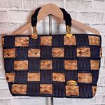 Italian made Woven‎ Navy Blue and natural woven Tote Bag Tan Photo 0