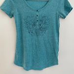 Lucky Brand Heathered Heather Aqua Blue Graphic Henley Short Sleeve T-Shirt Tee Photo 2