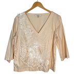 Badgley Mischka Embellished Top Sequins Floral Cotton V Neck Blouse Size 8 Tan Photo 1