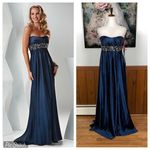 Gorgeous New Flirt by Maggie Sottero Navy Satin Jeweled Prom Gown! Blue Size 0 Photo 1