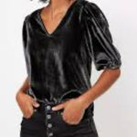 Loft  V-Neck Puff Sleeve Velvet Top Charcoal Gray S Photo 0