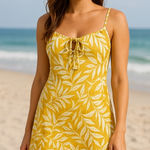 Bebop Yellow Floral Linen Mini Dress – Hawaiian Boho Coastal Milkmaid Sundress L Photo 0