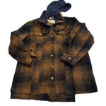 Mystree NEW  Womens Plaid Shirt‎ Jacket Shacket Brown Blue Hooded Size Large Photo 0