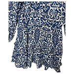 ZARA  Dress Womens L Geometric Ruffle Keyhole Tie Long Balloon Sleeve Blue White Photo 9
