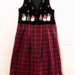 80s Vintage Red Black Christmas snowman vest sleeveless cottagecore dress tie back plaid tartan gingham button front Size M Size M Photo 0