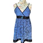 TFNC London 100% Silk Blue Witchy Mini Dress sz S Babydoll Embellished Whimsical Photo 1