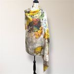 Kollie More Floral Print Long Scarf Wrap Shawl Tan Yellow Green Boho Art to Wear Brown Photo 3
