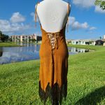 Western leather suede, kasey musgraves vibes,lace up,fringe bead vintage dress S Tan Photo 5