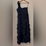 Rickie Freeman Teri Jon Navy Ruffle Tiered Formal Gown w/ Rosette Bow Strap Photo 1