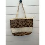 Coach Signature Brown Beige Canvas Leather Trimmed Tote Handbag Purse Photo 1