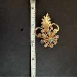 Vintage Brass Gold Tone Blue Rhinestone Flower Floral Brooch Pin Pendant Photo 4