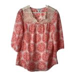 Calypso St. Barth  Size XS Blouse Top Silk Pink Floral Boho Mandala Crochet Trim Photo 1