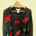 Beaded Poinsettia Christmas Sweater 1X Black Embellished Holiday Knit Top Photo 1