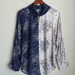 Lysse Spotted Animal Print Long Sleeve Navy Cream Blouse Keyhole Neck Size Small Photo 0