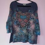 Vintage Essentials Size 1X Graphic V Neck Top Pastel Y2K Fairy Whimsical Blue Photo 0
