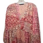 ZARA  Boho Patchwork Floral Dress Pink Red Long Sleeve Tassel Tie Mini Sz Small Photo 2
