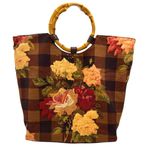 Cynthia Hart Los Angeles Floral Plaid Tote Bag Bamboo Handles Gold Brown Photo 0