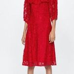 ZARA Red Lace Off Shoulder Midi Dress Medium Puff Sleeve Button Front Photo 12