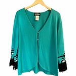 Bob Mackie Wearable Art Open Cardigan Teal Green Long Sleeves Embroidered Fringe Photo 9