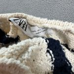 ZARA  Woman Cropped Knit Top L Navy White Stripe Off Shoulder Puff Sleeve Ruffle Photo 3