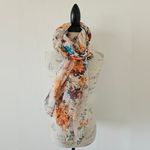 Flower Print Sheer Scarf with Orange and Teal Accents Wide Neck Scarf Wrap Photo 1