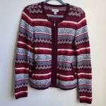 Loft  Escapade Full Zip Fair Isle Cotton Cardigan Sweater (Sz S) Red & White Photo 1
