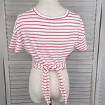 Xhilaration  Striped Tie Bottom Cropped Linen Blend Tee White/Washed Red-Small Photo 1
