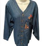 VTG Pooh Woman V Neck Denim Top Blouse Sz 18W/20W Embroidery Pocket 3/4 Sleeve Blue Photo 0