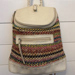 Crazy Horse Woven Crochet Backpack Cream Faux Croc Trim Top Handle Zip Front White Photo 0
