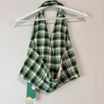 Halara  Women’s Sleeveless Halter Plaid Button Up Vest Top Green Cream Small NWT Photo 9