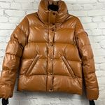 SAM. Isabel Vegan Down Puffer Jacket Faux Leather Stowaway Hood Saddle Brown S Photo 2