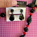 Nine West  Black and Red Beaded Necklace 22” and Earring teardrop Set Photo 1