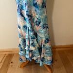 Liv Foster Womens US 4 Blue Pink Floral Abstract Ruffle V Neck Satin Maxi Dress Photo 3