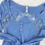 Free People Small Keepsake Henley Long Sleeve Top Blue Crochet Lace Cut Out Boho Photo 2