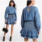 Michael Kors  Cotton Chambray Smocked Dress Blue Denim Ruffled Long Sleeve Sz XS Photo 1