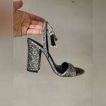 ZARA  Women’s NWOB Silver Glitter‎ Ankle Strap Block Heels Size 7.5 (38) Photo 6