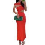 STAUD Prismatic Dress with cut-out Side Slit Off Shoulder Papaya Orange Size 6 Photo 2