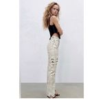 ZARA  Newspaper Print Straight Leg Jeans Raw Hem Viral Influencer Size 8 Photo 5