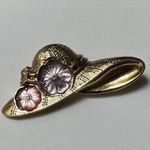 1928 Brand Rhinestone Gold Tone Hat With Pink & Purple Flowers Brooch Pin Photo 4