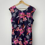 Eliza J  Floral Scuba Sheath Dress Navy Pink Size 10 V-Neck‎ Cap Sleeve Stretch Photo 5