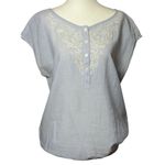 Loft Womens Cap Sleeve Blouse With Embroidered Front Button Placket Blue Size M Photo 1