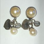 Vintage Brass Tone Dangling Charm Paris Heart Faux Pearl Pierced Earrings Photo 0