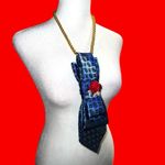 “Dainty Dapper”Blue and Black Polka Dot Tie necklace with Red Rose Accent Blue Photo 2