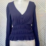 Pookie & Sebastian Smocked Bell Sleeve Top in Navy Photo 2