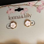 Pink flower stud earrings with matching yellow hair scrunchie Photo 2