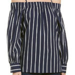 J.O.A. Top Womens‎ Small Blue White Off Shoulder Striped 100% Cotton Long Sleeve Photo 0