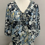 Avenue Blue Black Relaxed Ruffled V-Neck Tunic. Size 30/32 Photo 0