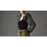 Anthropologie By Top Womens XL Black Floral Woven Ruffle-Sleeve Sweater Ribbed Photo 10