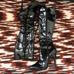 Gothic Dominatrix Subversive Apocalyptic Black patent leather over the knee high lace up boots stiletto 4” heels zipper closure #punk #gorpcore #cyber #steampunk Size 7 Photo 2